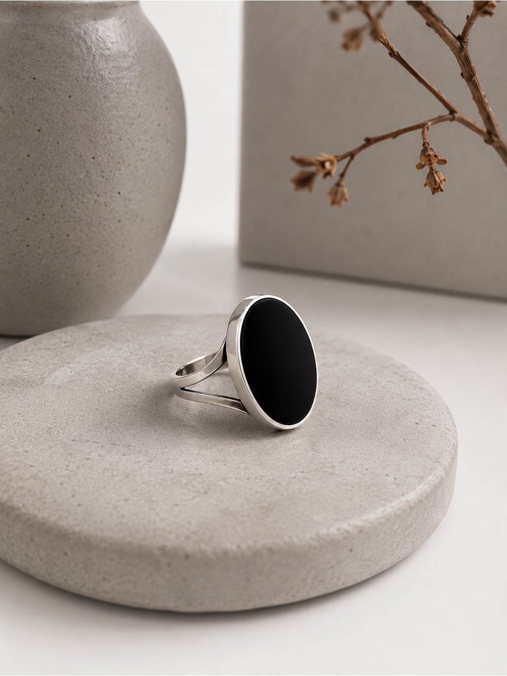 Vintage Soviet silver ring with deep black jet stone, minimalist and bold.